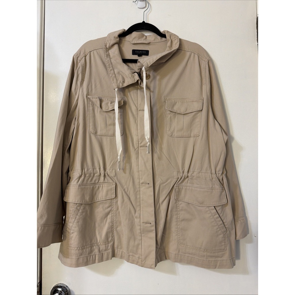 Talbots Plus Womens Sz 2X Safari Jacket Beige Flap Pockets Stretch Drawstring